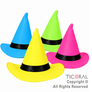 SOMBRERO BRUJA FLUO CON TIRA NEGRA COLORES SURTIDOS